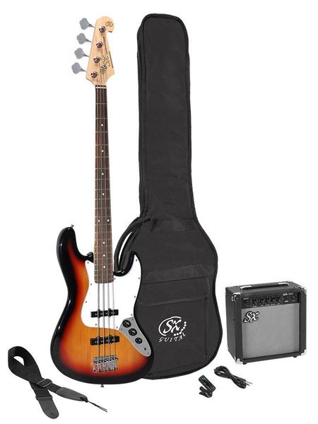 SX Guitars SB1 Jazz Bass Guitar Starter Kit - 3-Tone Sunburst
