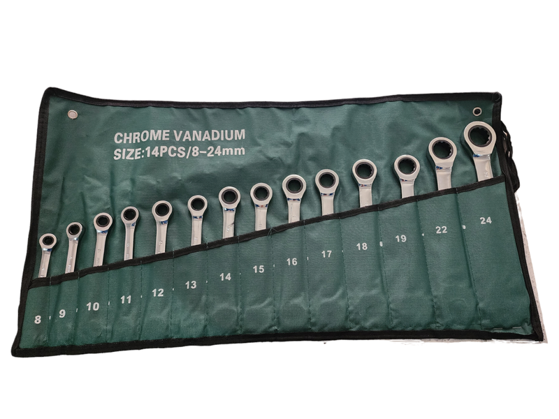 14-piece Chrome Vanadium Ratchet spanner set, sizes 8mm to 24mm