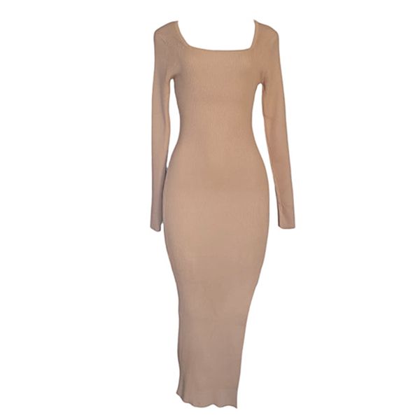 Beige Bodycon Slit Dress - Square Neck