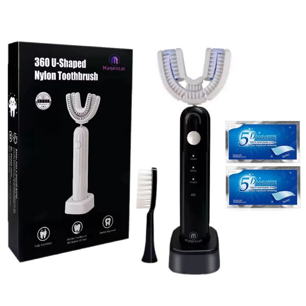 Magentak U-Shaped Nylon Toothbrush Set with 2 Whitening Strips - White