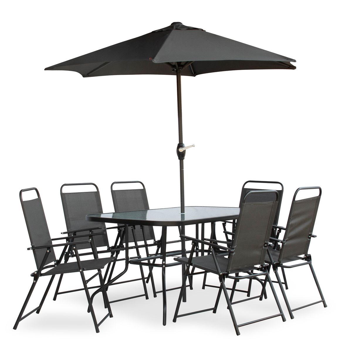 Hazlo 8 Piece Outdoor Dining Glass Patio Table Chair Umbrella Set - Black