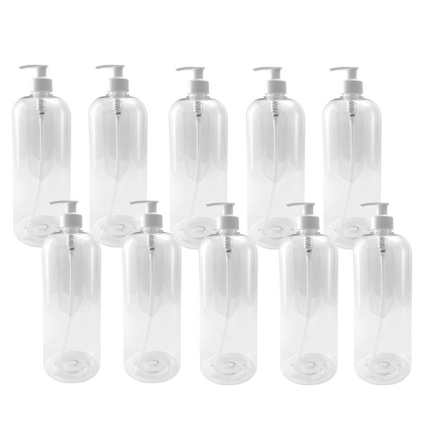 1 Litre Clear Plastic Bottles with Lotion Pumps x 10