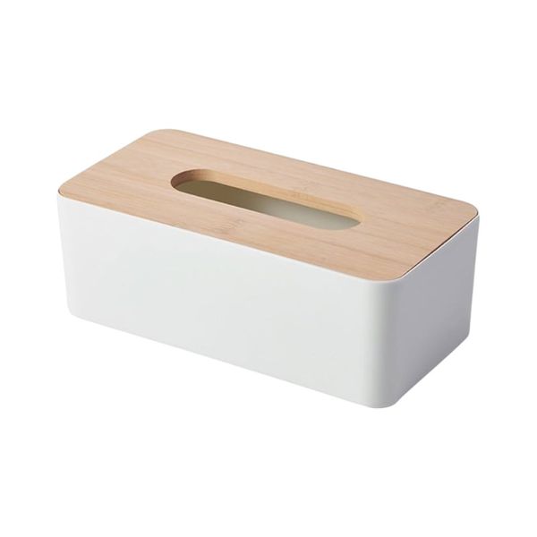 Modern Rectangular Tissue Box Holder with Bamboo Lid - 25cm - White