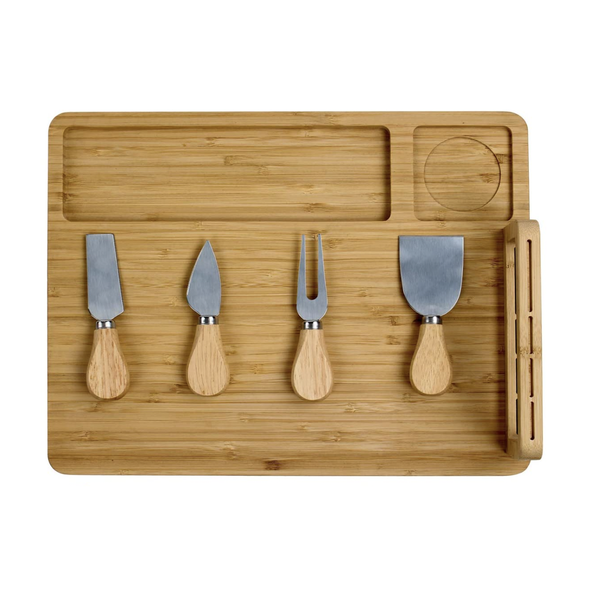 Bamboo Cheese Board With Set Of 4 Knives &amp; Knife Stand - Light Brown