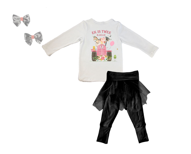 Second Birthday-Shirt/ pants/built in tutu&amp;hair clips-Farmer- Afrikaans