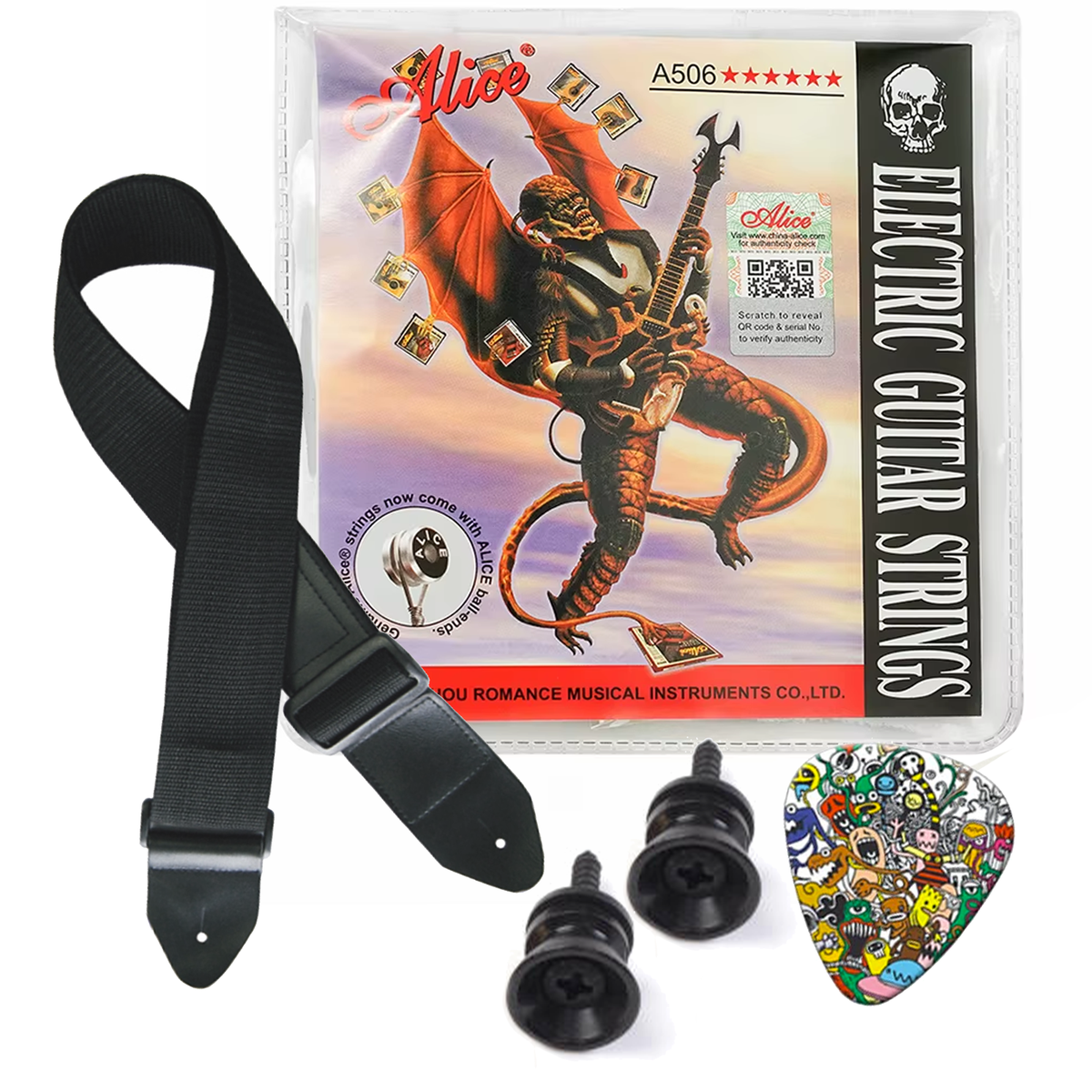Electric Guitar Strings A506 + Strap + 2 Strap Pins + Pick Combo Pack