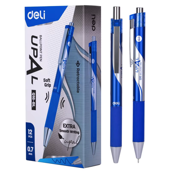 Deli Retractable Ballpoint Pen 0.7mm Blue Ink Solid Barrel 12 Pcs