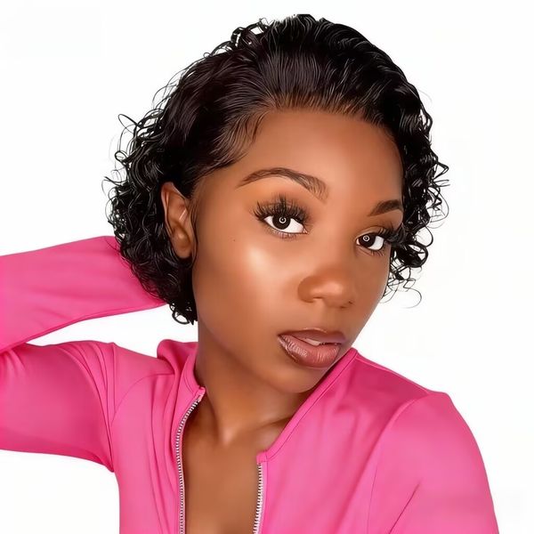 Geebuy Short Water Curls Pixie Frontal Wig Full Density For Daily Wear