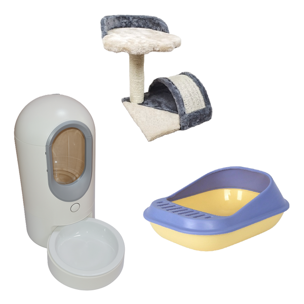 3 Piece Cat Set - Scratcher Post, Litter Box, and Automatic Pet Feeder