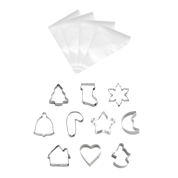 Christmas Cookie Cutters with 100 Piping Bags - Set of 10