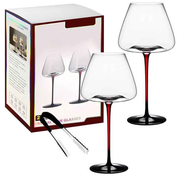 3 Piece Set - Elegant Glassware Red Stem Extra Large Concave Wine Glasses
