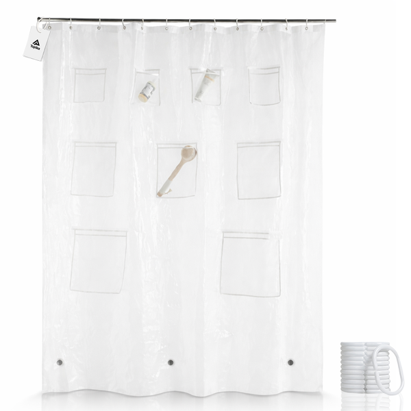 Topika Shower Curtain Liner With 9 Mesh Pockets,180x180cm Clear PEVA
