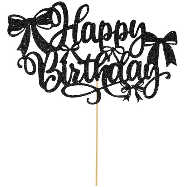 Black Glitter Happy Birthday Cake Topper - Elegant Birthday Cake Decoration