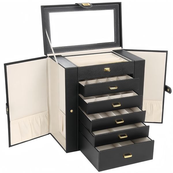6 Tier Large Jewelry Storage Leather Jewelry Box Organizer with Mirror