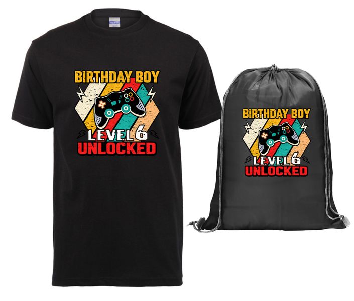 Birthday - Level 6 Unlocked Kids T-shirt and Drawstring Bag Combo