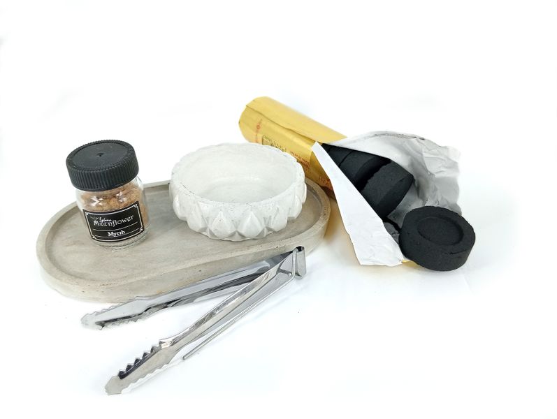Raw Myrrh Incense Resin Burning Kit - Cement bowl &amp;Tray