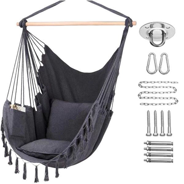 Hammock Hanging Rope Chair with 2 Pillows for Yard Deck Patio &amp; Garden