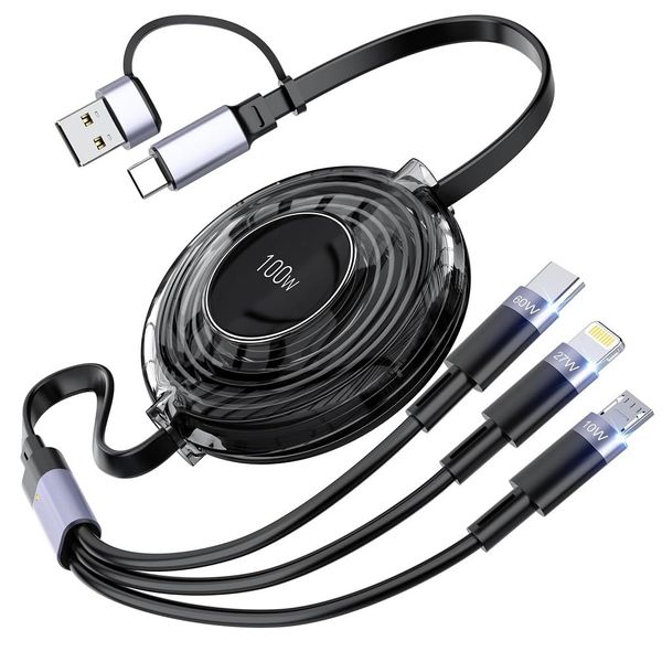 3-in-1 Retractable Multi Cable,100W Fast Charging Charger Cord
