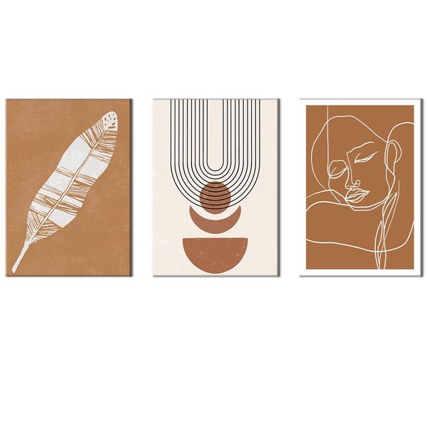 Canvas-Art-3 Beige Line Feather Floral Wall Art