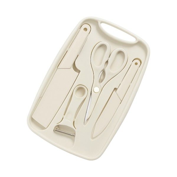 5 Piece -Kitchen Tool Set with Cutting Board, Knife, Scissors, Peeler-White