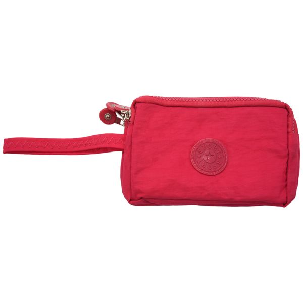 Women Washer Wrinkle Fabric Phone Purse Three Zippers Rose Red