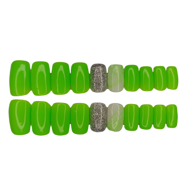 Luxury Press On Nails - Medium Square Bright Green &amp; Silver Set - 20 Piece