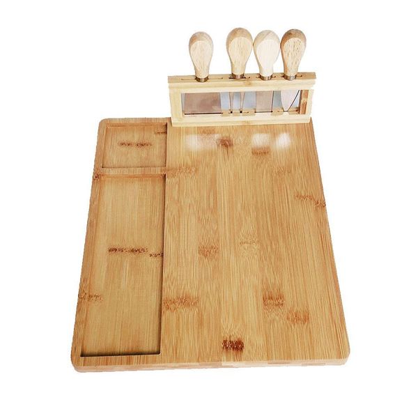 Bamboo Wood Cheese Board With 4 Cheese Knife Set