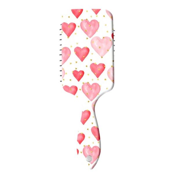 Pink Heart Print Paddle Hairbrush With Gold Details - White