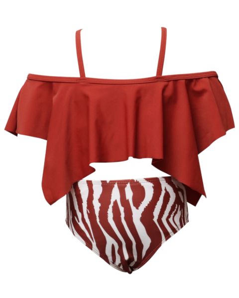 Olive Tree - Girls Wide Ruffled Flounce Bikini Swimsuit - Red