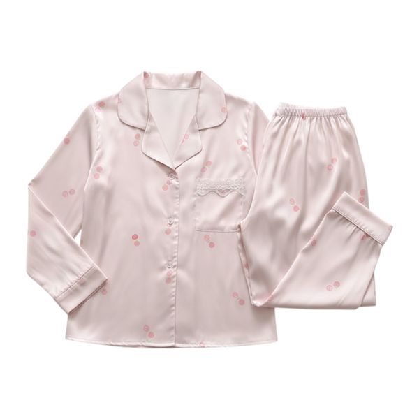 Silky Button-Up Pajama Set with Lace Pocket Detail - Light Pink