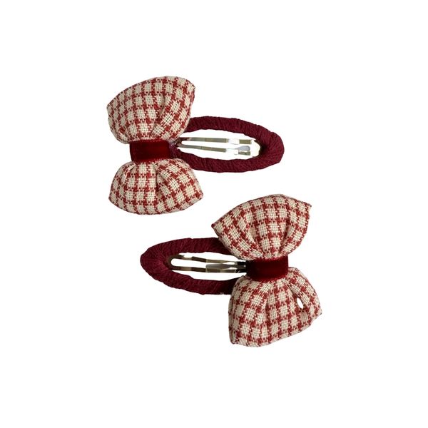 Red Checked Bow Hair Clip Classic School Girl Style - Set of 2