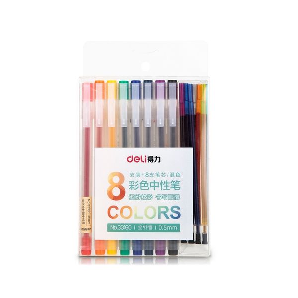 Deli Gel Pen Needle Tip 0.5 Clear Barrel 8Pcs Assorted Colors with Refills