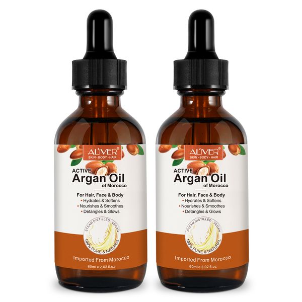 2 Pack Aliver 100% Pure Active Argan Oil of Morocco for Hair, Face &amp; Body