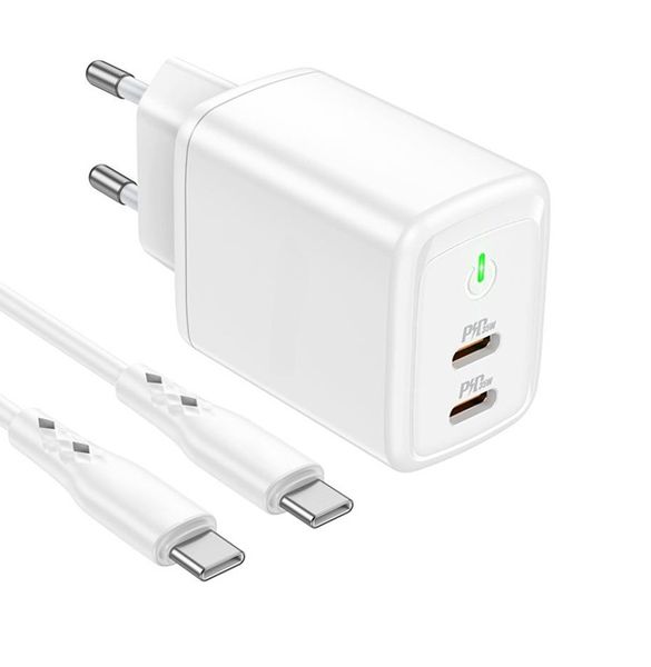 High Speed 35W USB-C PD Charger with 2 Ports and USB-C Cable Included BN9