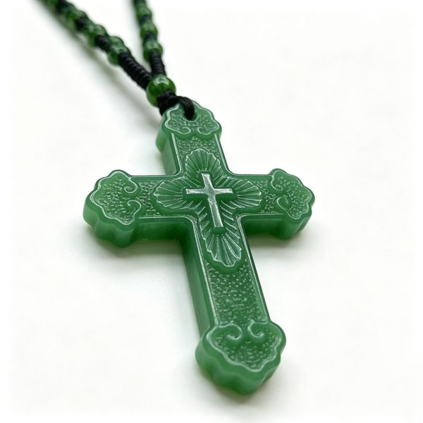 Natural Green Jade Cross Pendant Necklace Hand-carved Charm Jadeite Jewelry