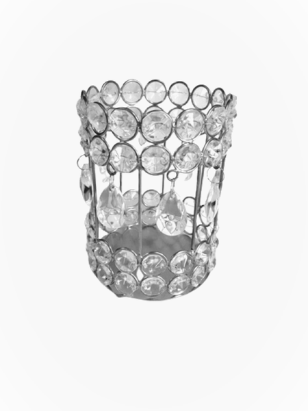Small Pillar Candle Holder Acrylic Crystal Beaded Stand - Silver