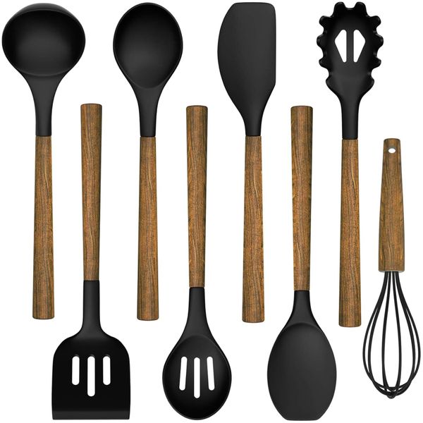 Acacia Wood Handle Silicone Spatula Set-8 Piece Non-Stick Kitchen Tool Set