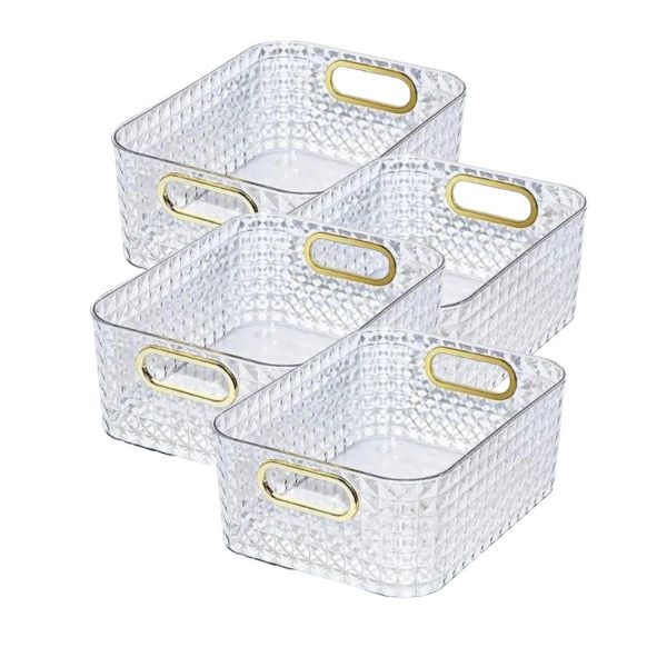Diamond Pattern Clear Household Storage Basket with Gold Handle, 4 Pack
