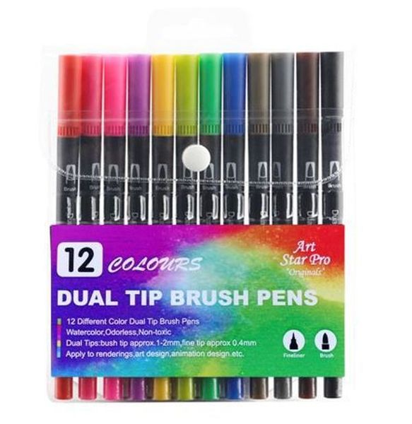 Art Star Pro 12 Set Dual Tip Brush Pen Fineliner Colour Marker