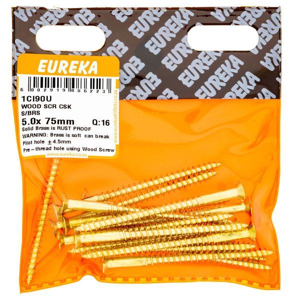 EUREKA Wood Screw Countersunk Solid Brass 5 x 75mm Q:16 1CI90U