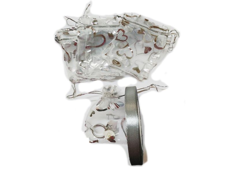 BEAD COOL - Bulk Bag -100pcs- Silver Heart - 7 by 9cm Bag and Ribbon