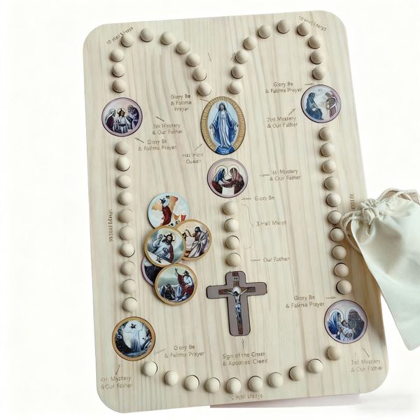 68 Pcs Wooden Rosary Prayer Board with Cross,Lady,Saints Illustration