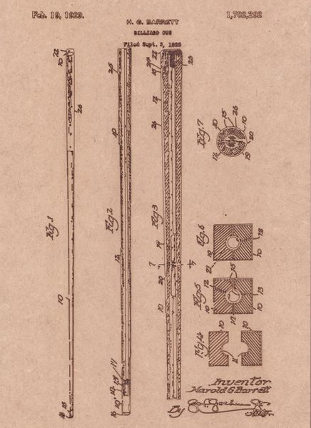 Vintage Patent Sketch Style Billiards Cue - Unframed
