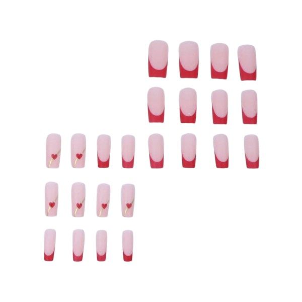 24 Piece - Long Square French Edge Design Line Heart Decoration Nails - Red