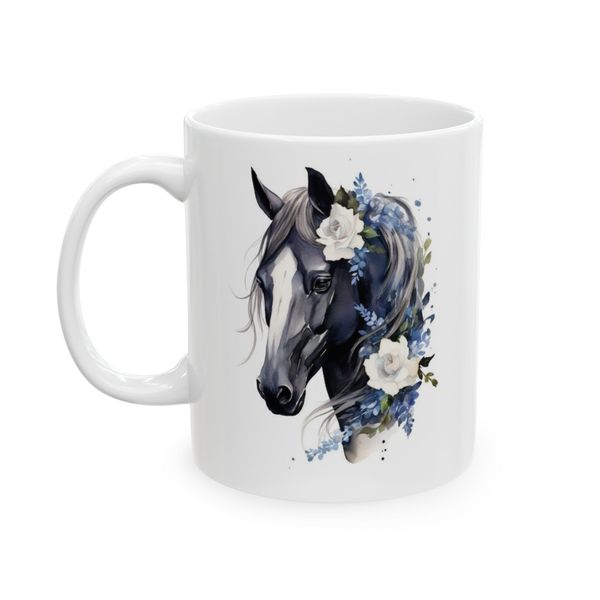 Horse Mug - Horse head with white and blue flowers illustration