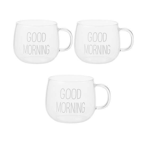 3 Pack 400ml "Good Morning" Glass Cup - White