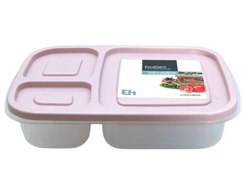 Excellent Houseware 3 Section Lunch Box with Pink Lid-24x15.5x5.1cm