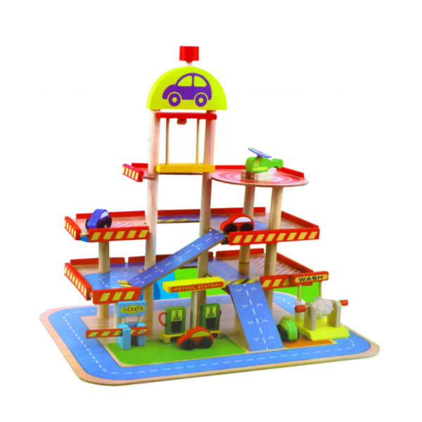 Wooden Double-Story Parking Lot Cars Accessories Set Public Garage