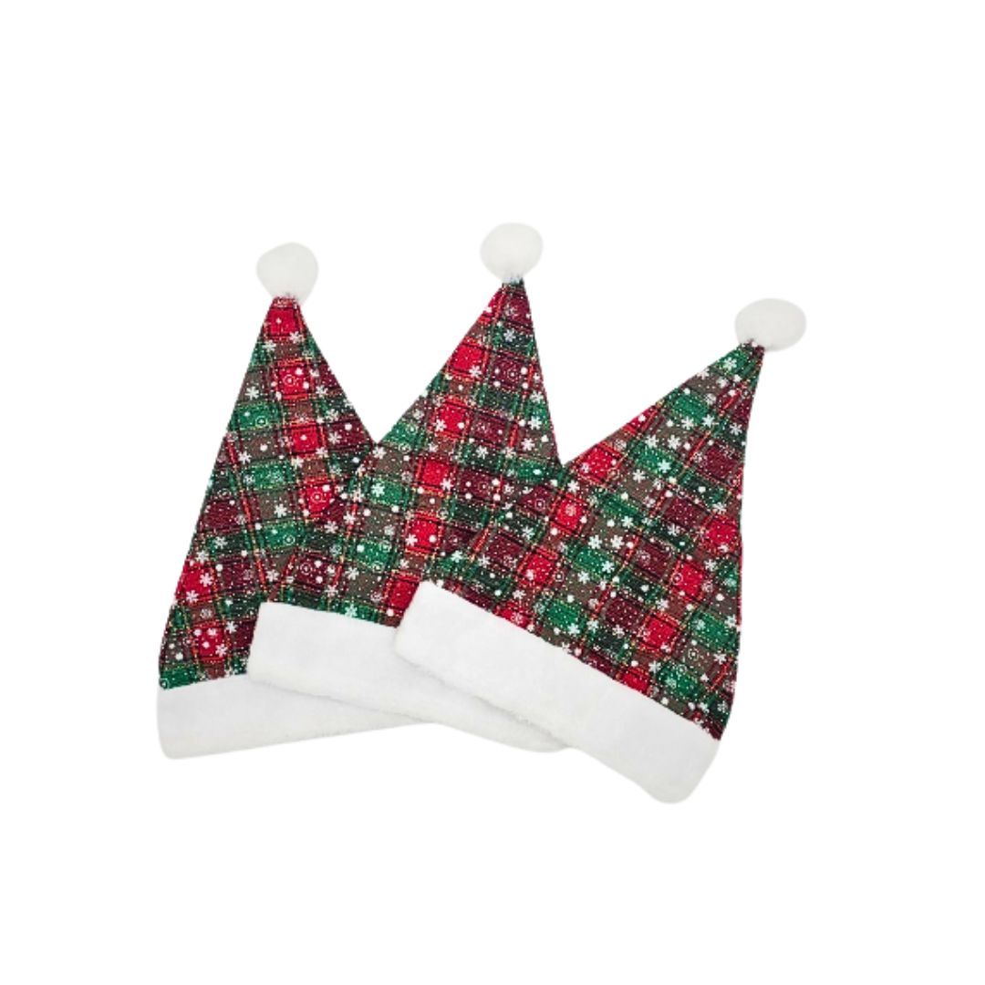3 Pack Christmas Hats With Red & Green Lattice Snowflake Design