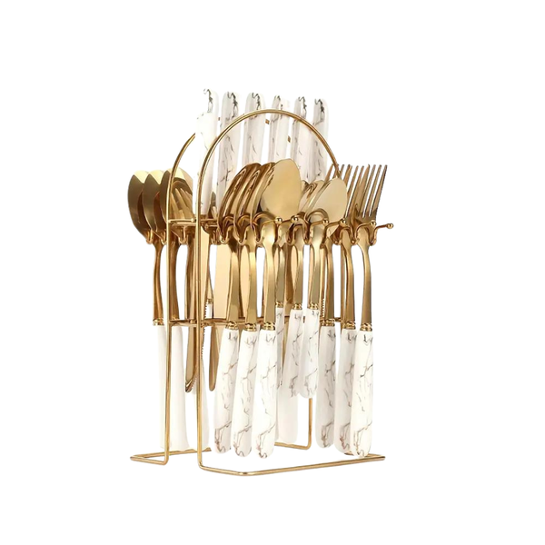 24 Piece Cutlery Set White and Gold